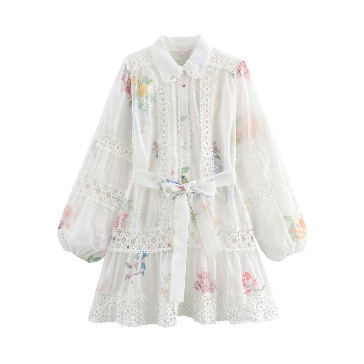 Fudus | Sommer Puppenkragen Spitzenrand Gürtel Bedrucktes Kleid