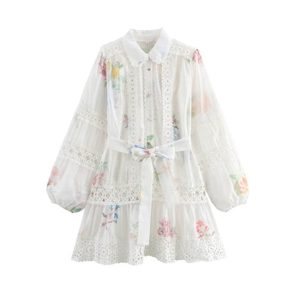 Fudus | Sommer Puppenkragen Spitzenrand Gürtel Bedrucktes Kleid