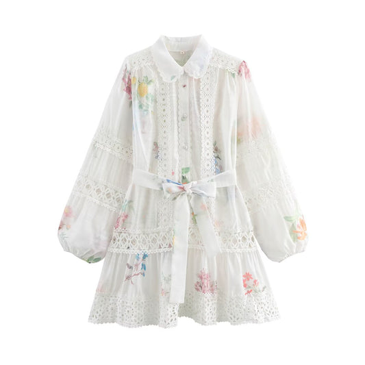 Fudus | Sommer Puppenkragen Spitzenrand Gürtel Bedrucktes Kleid