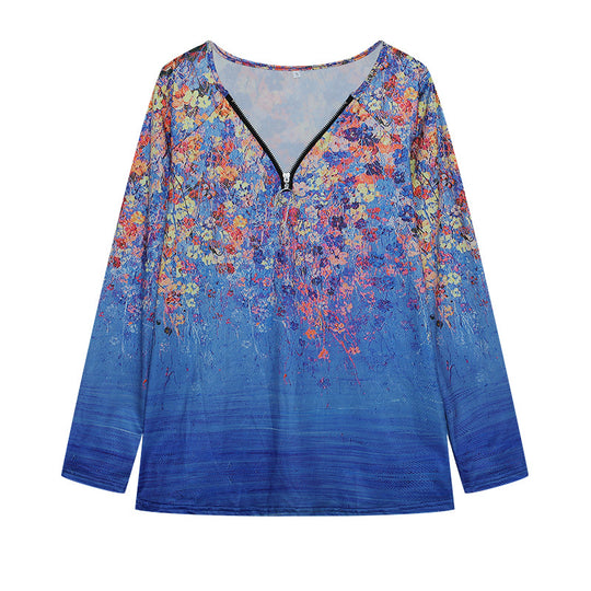 Damen Langarmbluse mit floralem Design und Reißverschluss Fudus