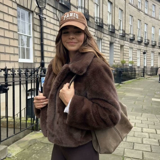 Damen kuschelige Kunstfelljacke mit elegantem Reverskragen Fudus