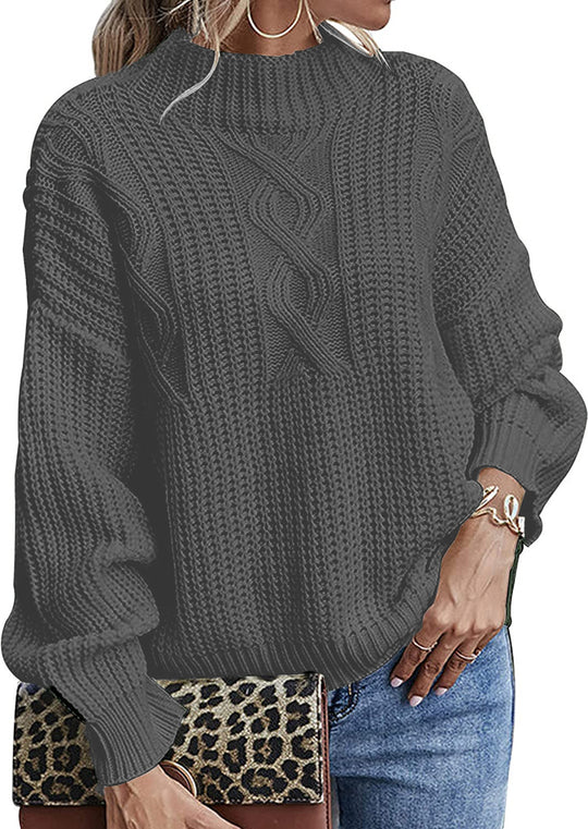 Damen Grobstrickpullover mit hohem Kragen und dekorativem Zopfmuster Fudus