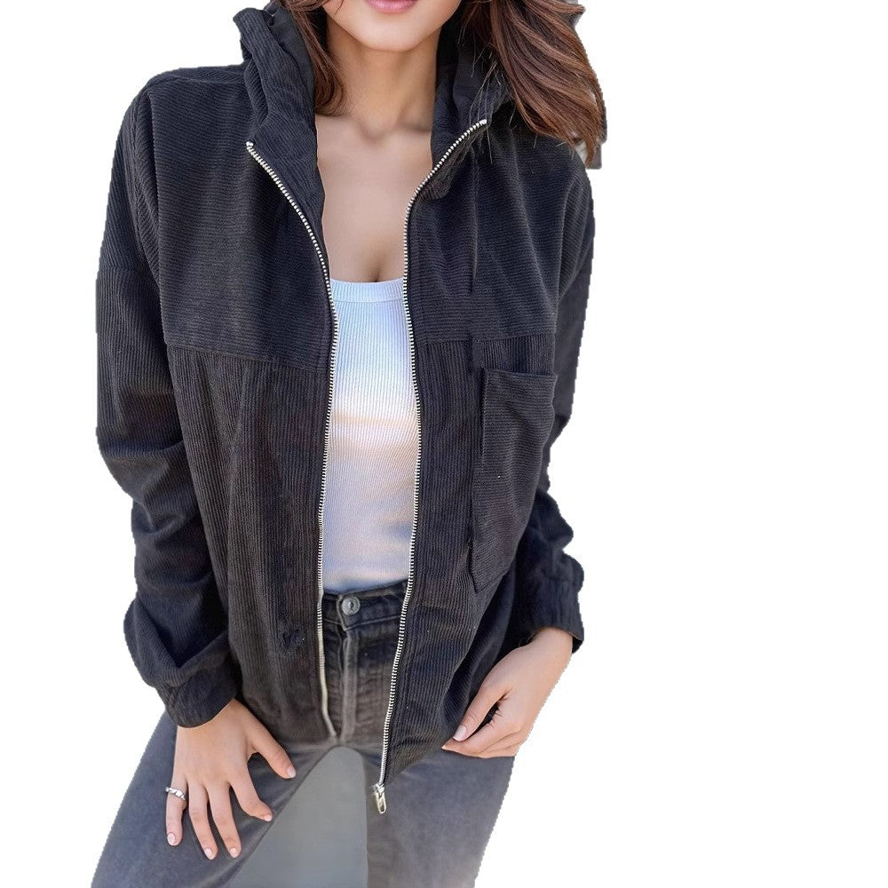 Damen lässige Cordjacke mit praktischen Taschen und elegantem Reißverschluss Fudus