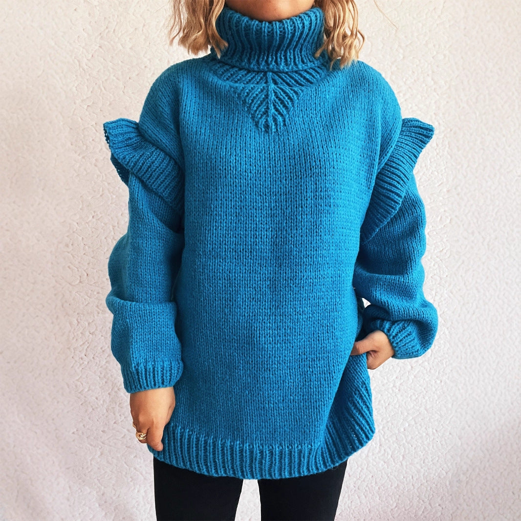 Damen kuscheliger Strickpullover mit Rüschenärmeln und hohem Kragen Fudus