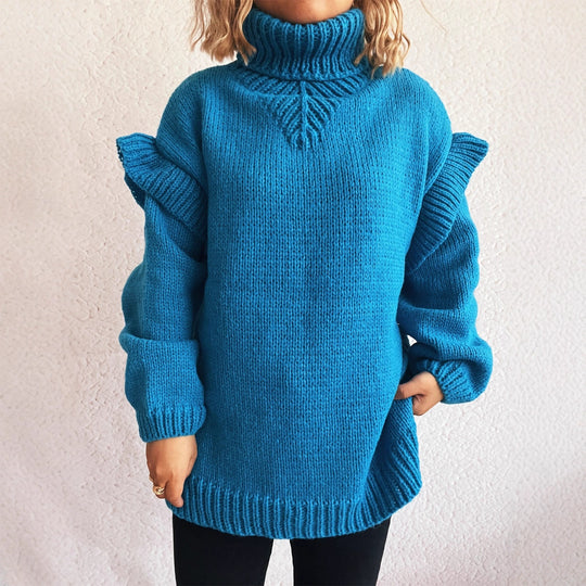 Damen kuscheliger Strickpullover mit Rüschenärmeln und hohem Kragen Fudus