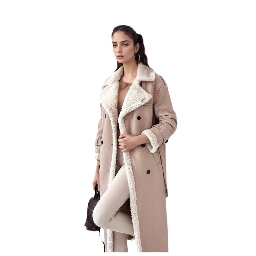 Damen Modischer Mantel im lässigen Schnitt mit Teddyfutter und Doppelknope Fudus