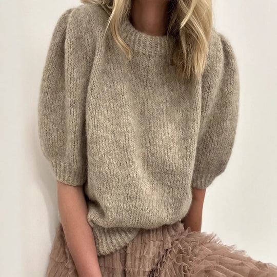 Damen kurzärmeliger Strickpullover mit Ballonärmeln und Rundhalsausschnitt Fudus