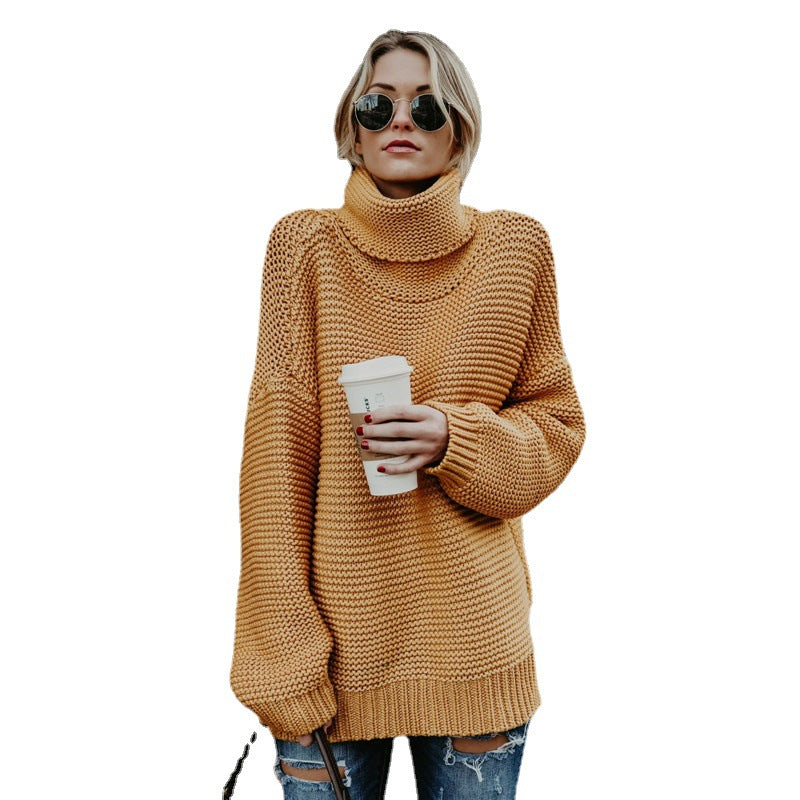 Damen Grobstrick Pullover mit hohem Kragen und strukturiertem Muster Fudus