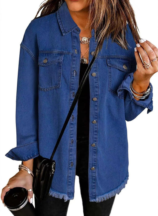 Damen lässige Jeansjacke mit Fransen und Knopfdetails Fudus