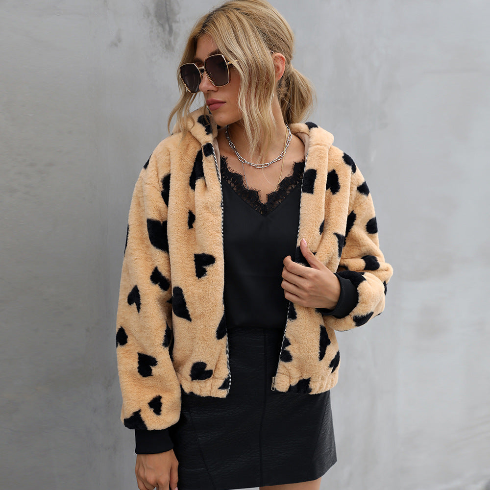 Damen Kuschelige Fleecejacke mit Herzmuster Fudus