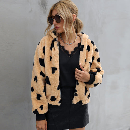 Damen Kuschelige Fleecejacke mit Herzmuster Fudus