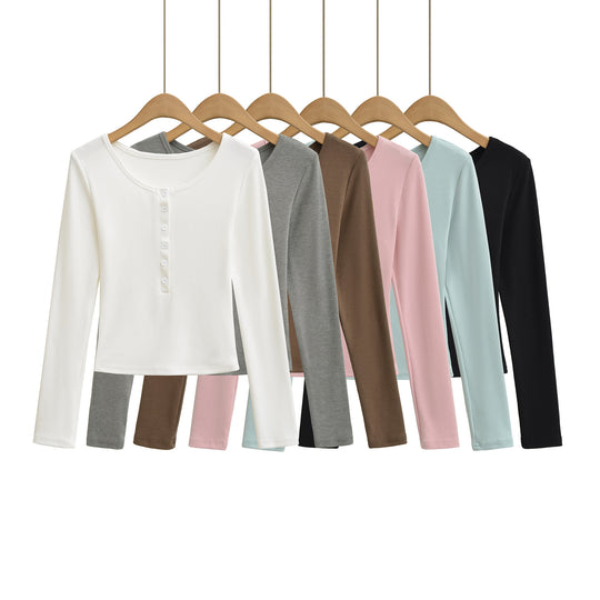 Damen Langarmoberteil mit knöpfbarem Ausschnitt und lässigem Schnitt Fudus