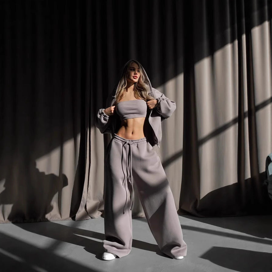 Damen modischer cropped Kapuzenpullover und entspannte Hose Set Fudus