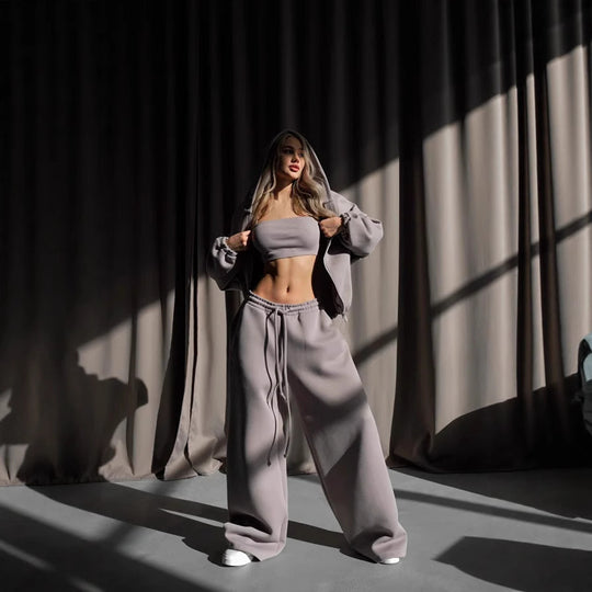 Damen modischer cropped Kapuzenpullover und entspannte Hose Set Fudus