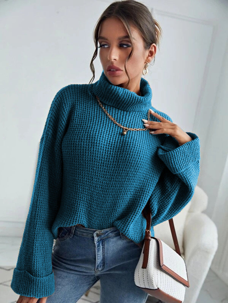 Damen Grobstrick Pullover mit hohem Kragen und lässigem Schnitt Fudus