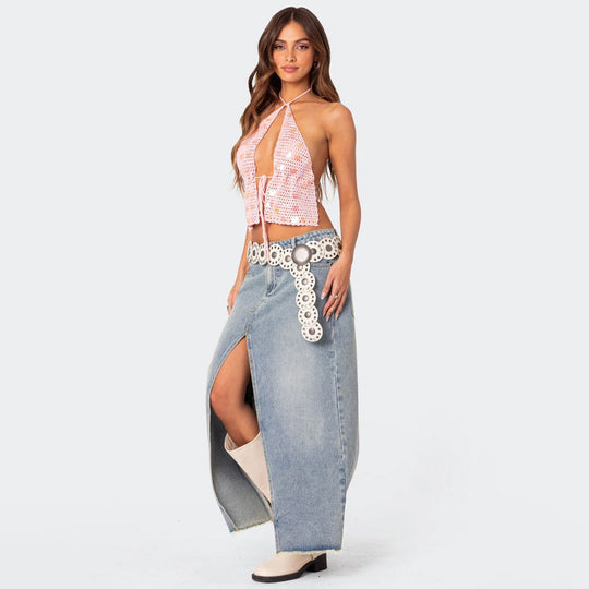 Damen Häkeloberteil mit verstellbarem V-Ausschnitt und bindbarem Design Fudus