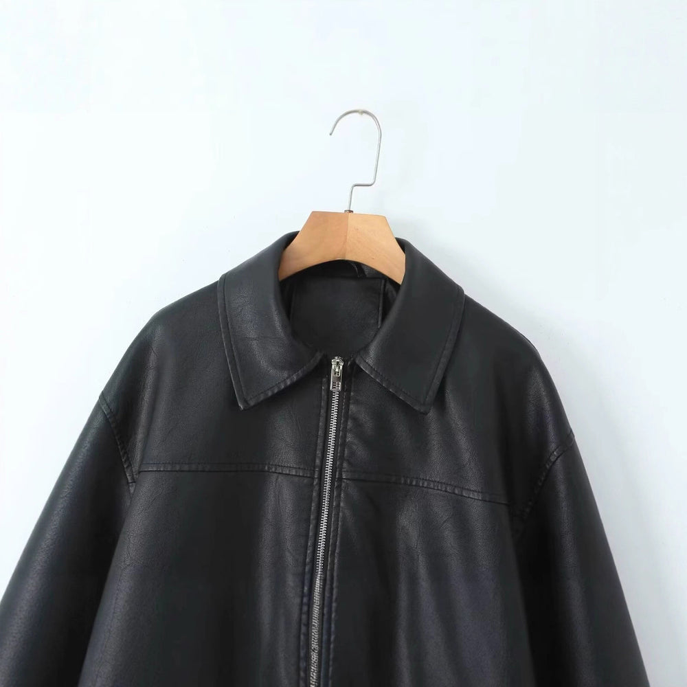 Damen lässige Lederjacke mit elastischem Saum und praktischen Taschen Fudus