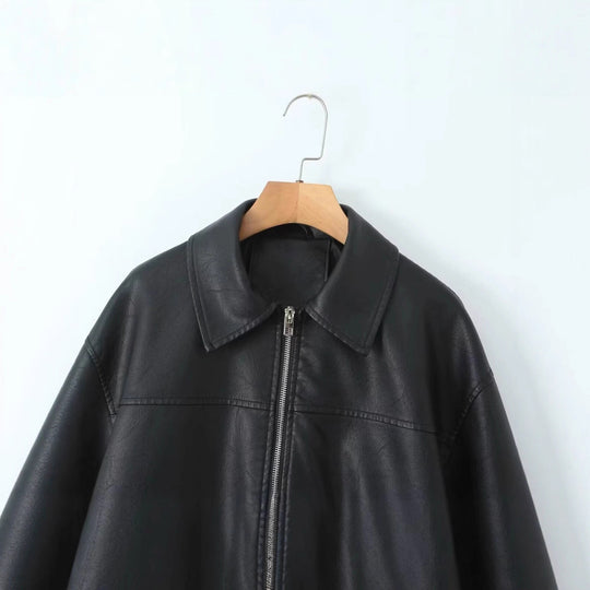 Damen lässige Lederjacke mit elastischem Saum und praktischen Taschen Fudus