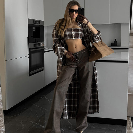 Damen Langes Karo-Hemdkleid mit abnehmbaren Ärmeln Fudus