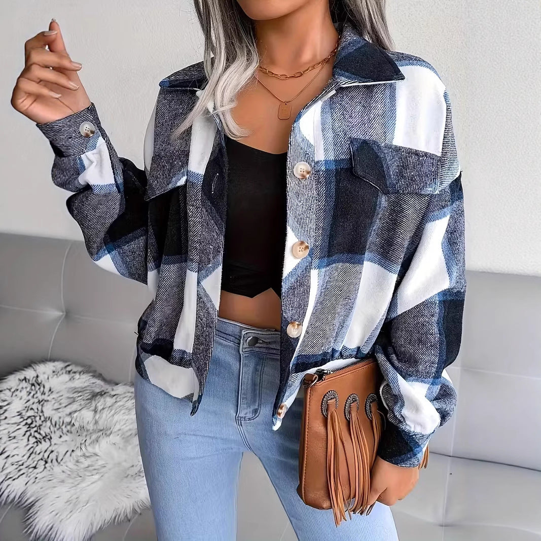 Damen Lässige Karobluse mit aufgesetzten Taschen und Knopfverschluss Fudus