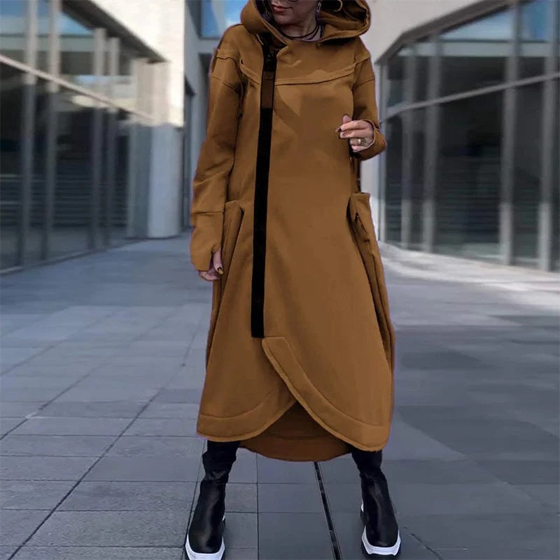 Damen modischer Kapuzenmantel mit seitlichen Taschen und asymmetrischem Saum Fudus