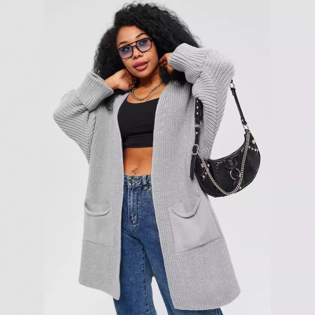 Damen lässige Strickjacke mit aufgesetzten Taschen und offenem Design Fudus