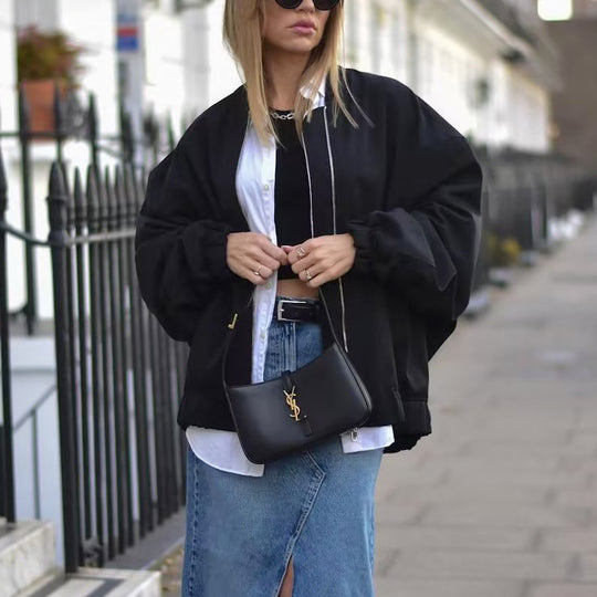 Damen lässige Bomberjacke aus leichtem Material mit elastischem Saum und praktischen Taschen Fudus