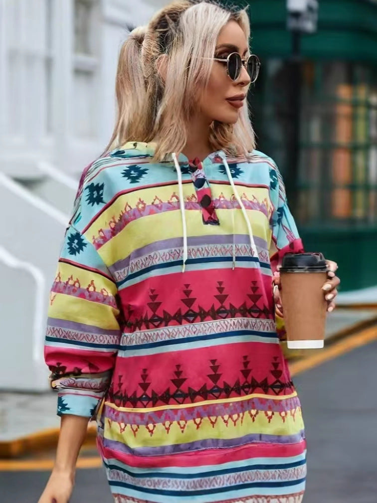 Damen Kapuzenpullover mit kreativem Farbmuster und praktischen Knöpfen Fudus