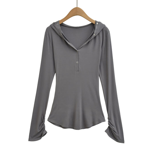 Damen langärmliges Kapuzenshirt mit modischen Knopfdetails Fudus