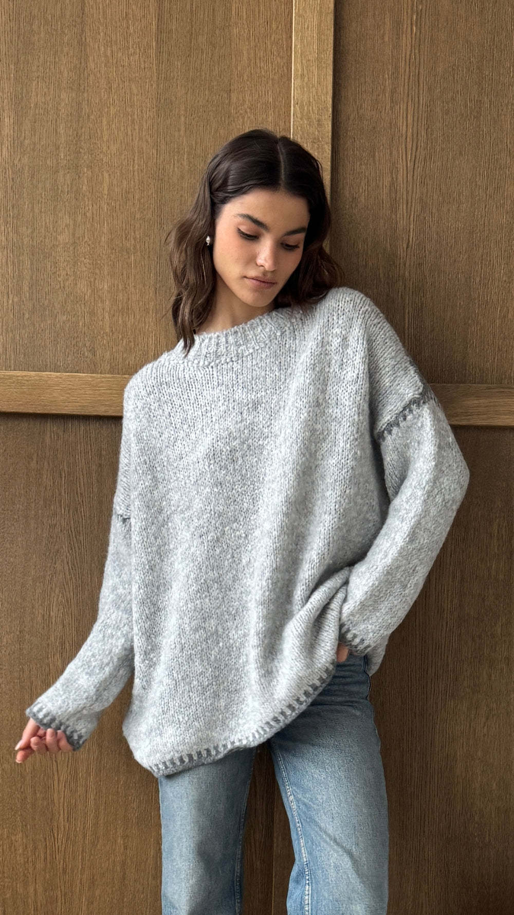 Damen kuscheliger Strickpullover mit kontrastierenden Akzentdetails Fudus