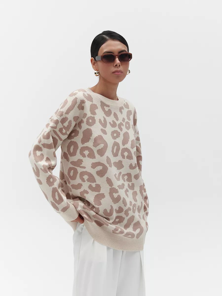 Damen Grobstrickpullover mit Leopardenmuster Fudus