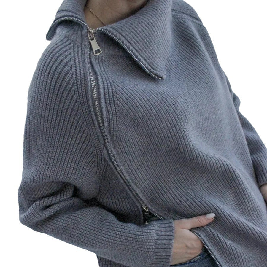Damen kuscheliger Strickpullover mit asymmetrischem Reißverschluss Fudus