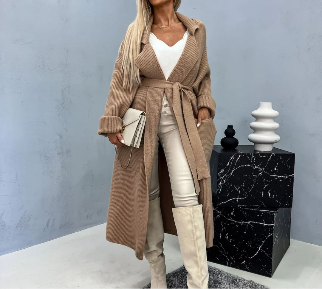Damen Kuscheliger Strickmantel mit Gürtel und praktischen Taschen Fudus
