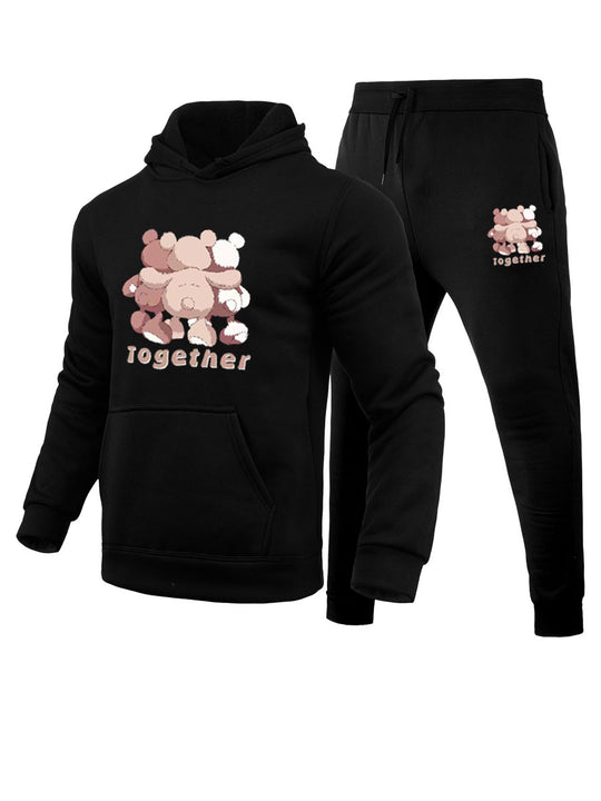 Damen Hoodie- und Jogginghose-Set mit kreativem Bärenmotiv und Kängurutaschen Fudus