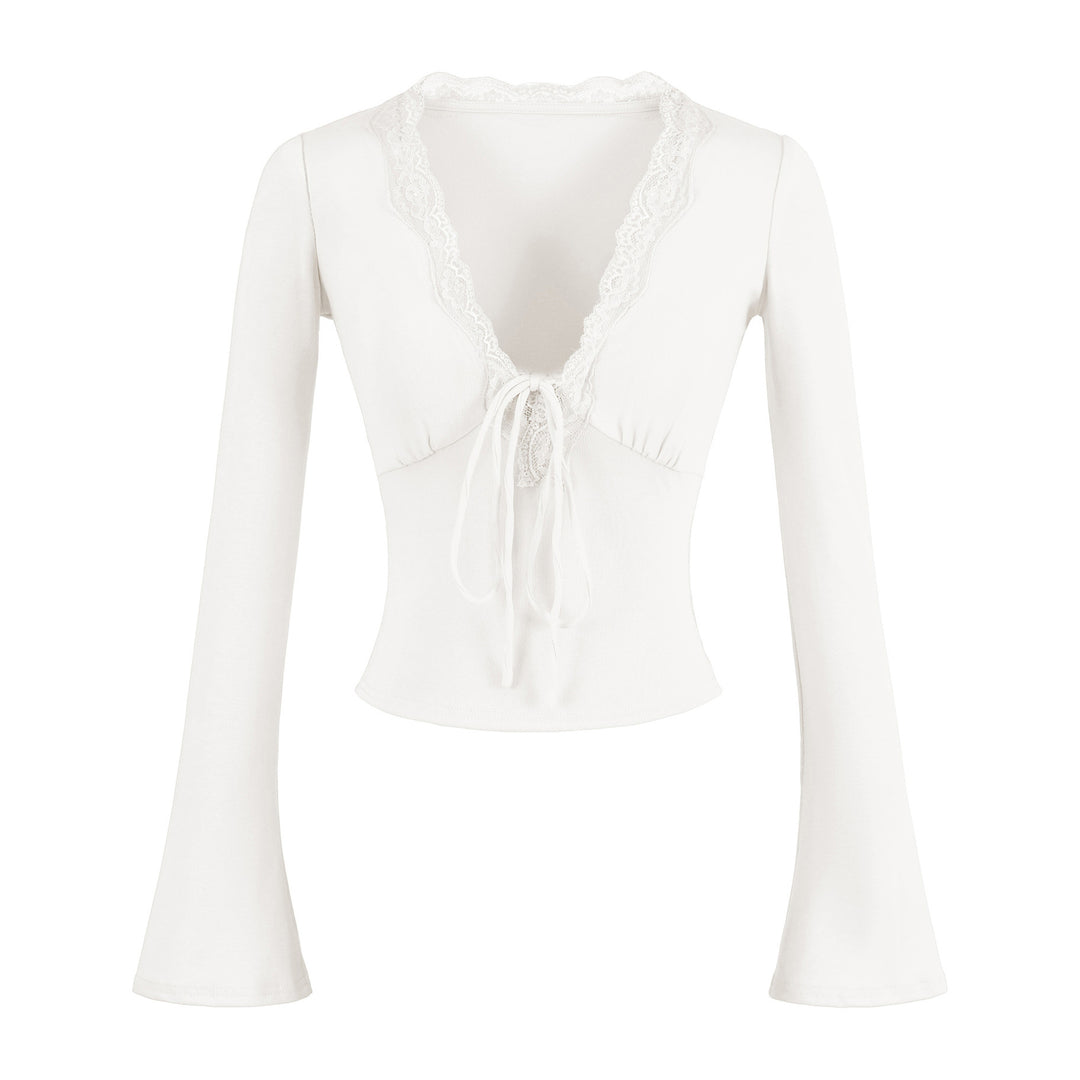 Damen langärmliges Oberteil mit Rüschendetails und eleganter Schnürung Fudus