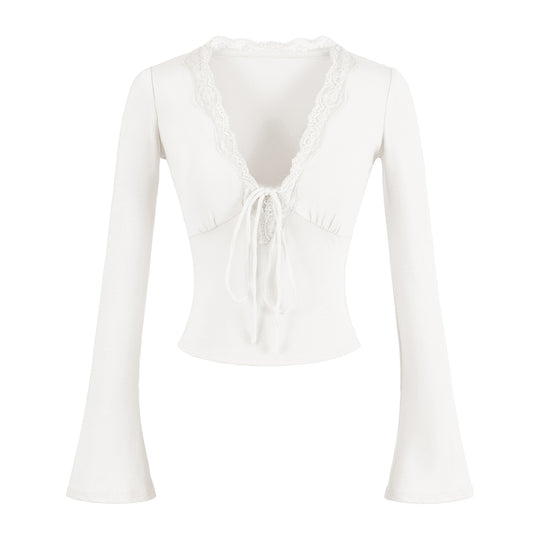 Damen langärmliges Oberteil mit Rüschendetails und eleganter Schnürung Fudus