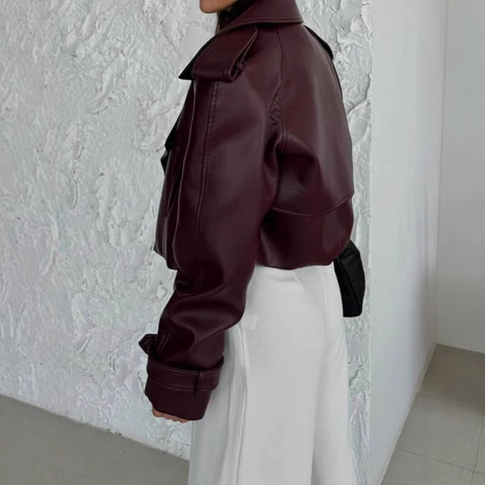 Damen Kunstlederjacke im modischen Biker-Stil mit breitem Revers Fudus