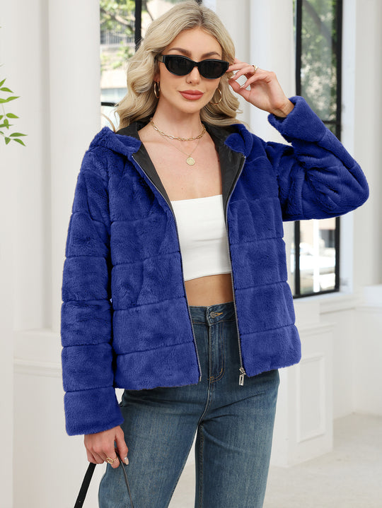 Damen Kuschelige Oversized-Fleecejacke mit Reißverschluss und Kapuze Fudus