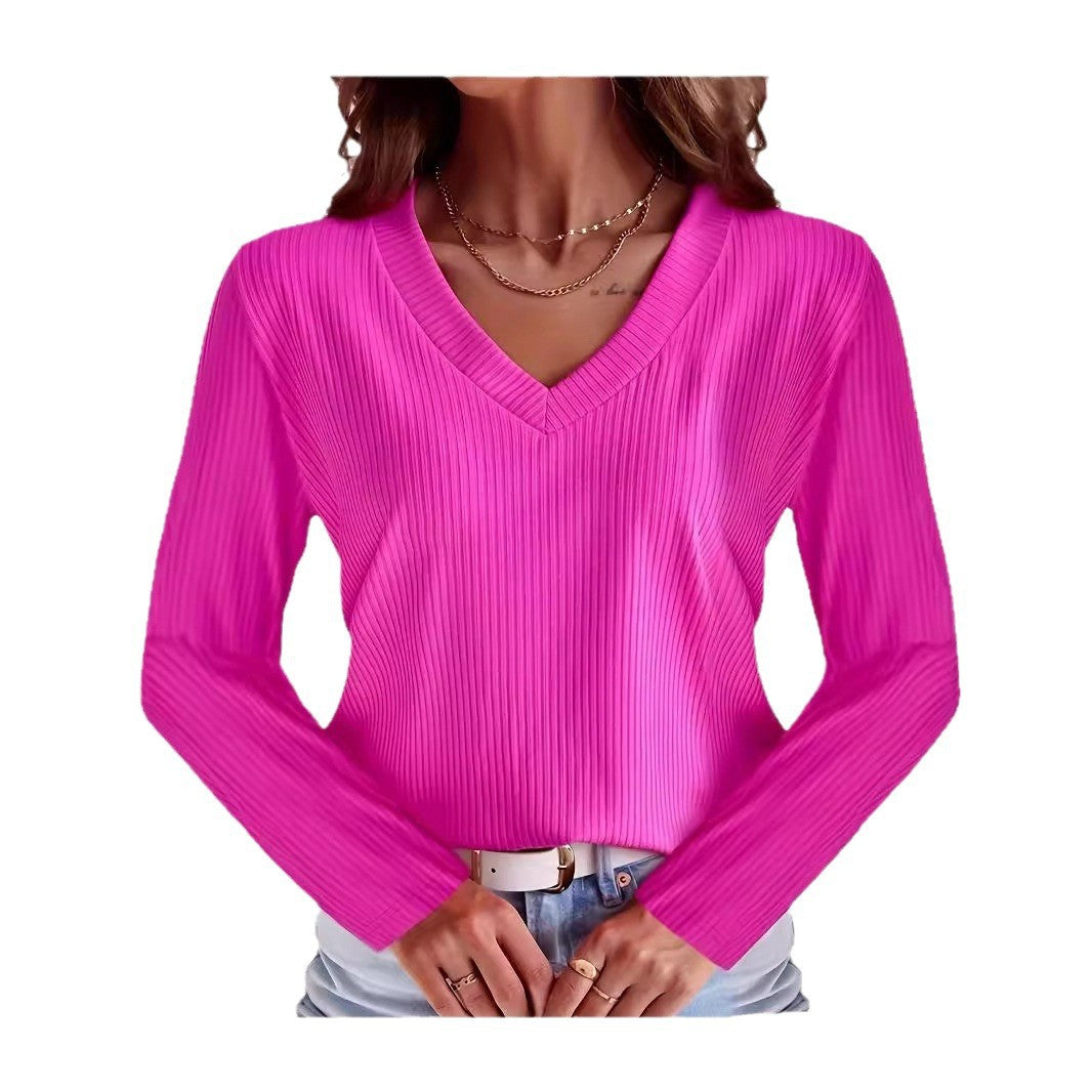 Damen Langärmliges V-Ausschnitt Oberteil mit Rippstruktur Fudus