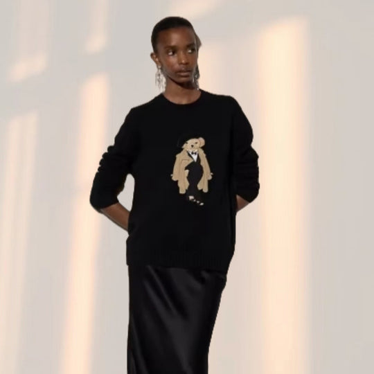 Damen kuscheliger Strickpullover mit dekorativem Bären-Motiv Fudus