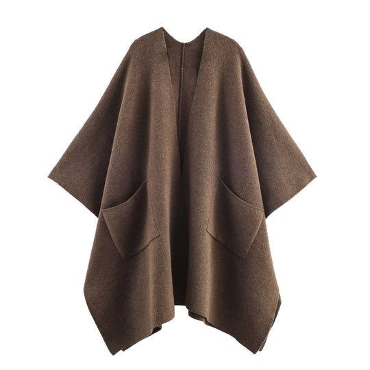 Damen Kuschelige Poncho-Jacke mit großer Taschen und wärmender Wollmischung Fudus