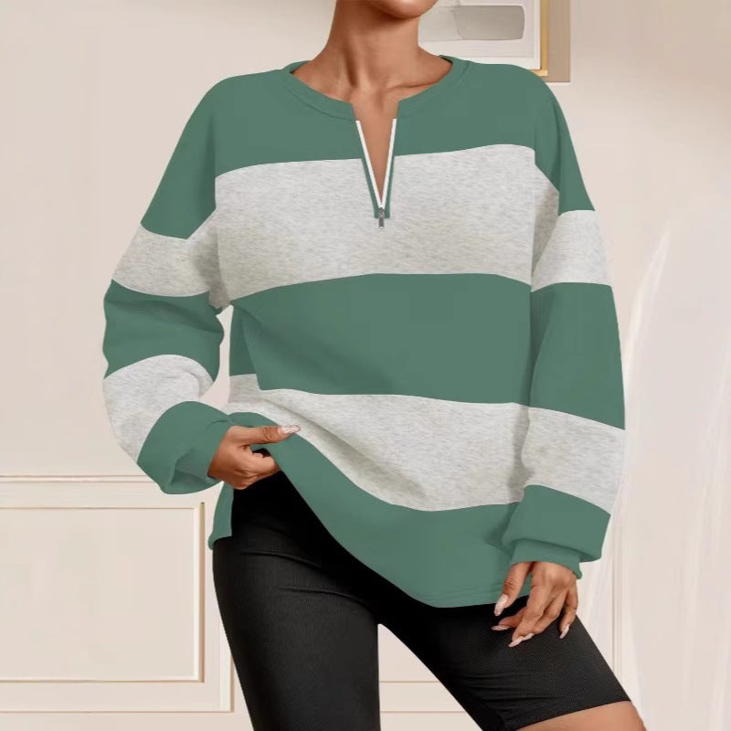 Damen Langarm Sweatshirt mit modernem Reißverschluss und gestreiftem Design Fudus
