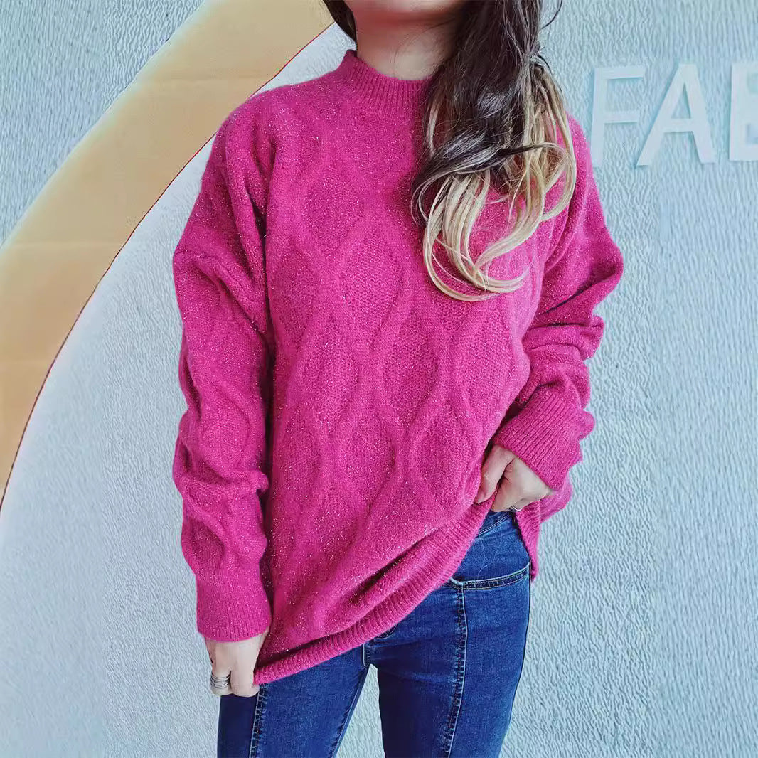 Damen Grobstrickpullover mit elegantem Rautenmuster und voluminösen Ärmeln Fudus