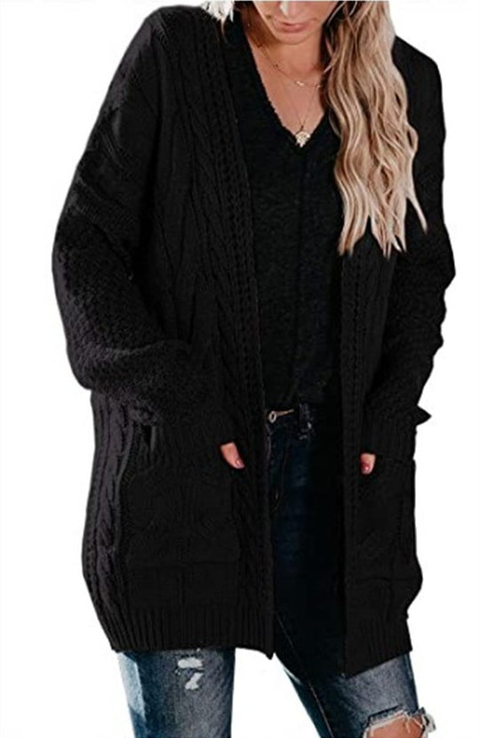 Damen Grobstrick Cardigan mit modernem Zopfmuster und großen Taschen Fudus