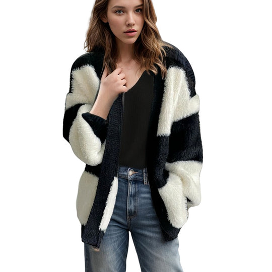 Damen Grobstrick Cardigan mit modischem Streifenmuster Fudus