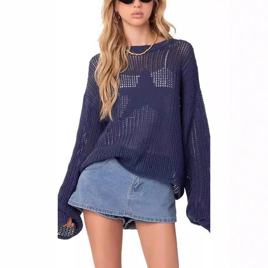 Damen Grobstrickpullover mit Sternenmuster und weiten Ärmeln Fudus