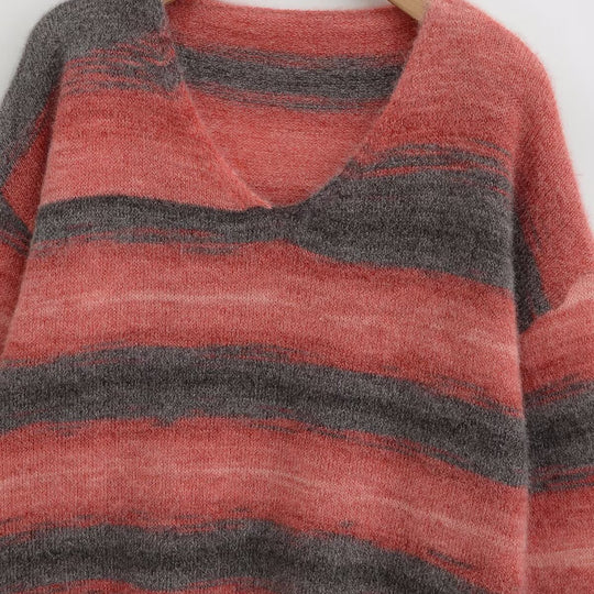 Damen kuscheliger Strickpullover mit V-Ausschnitt und gestreiftem Design Fudus