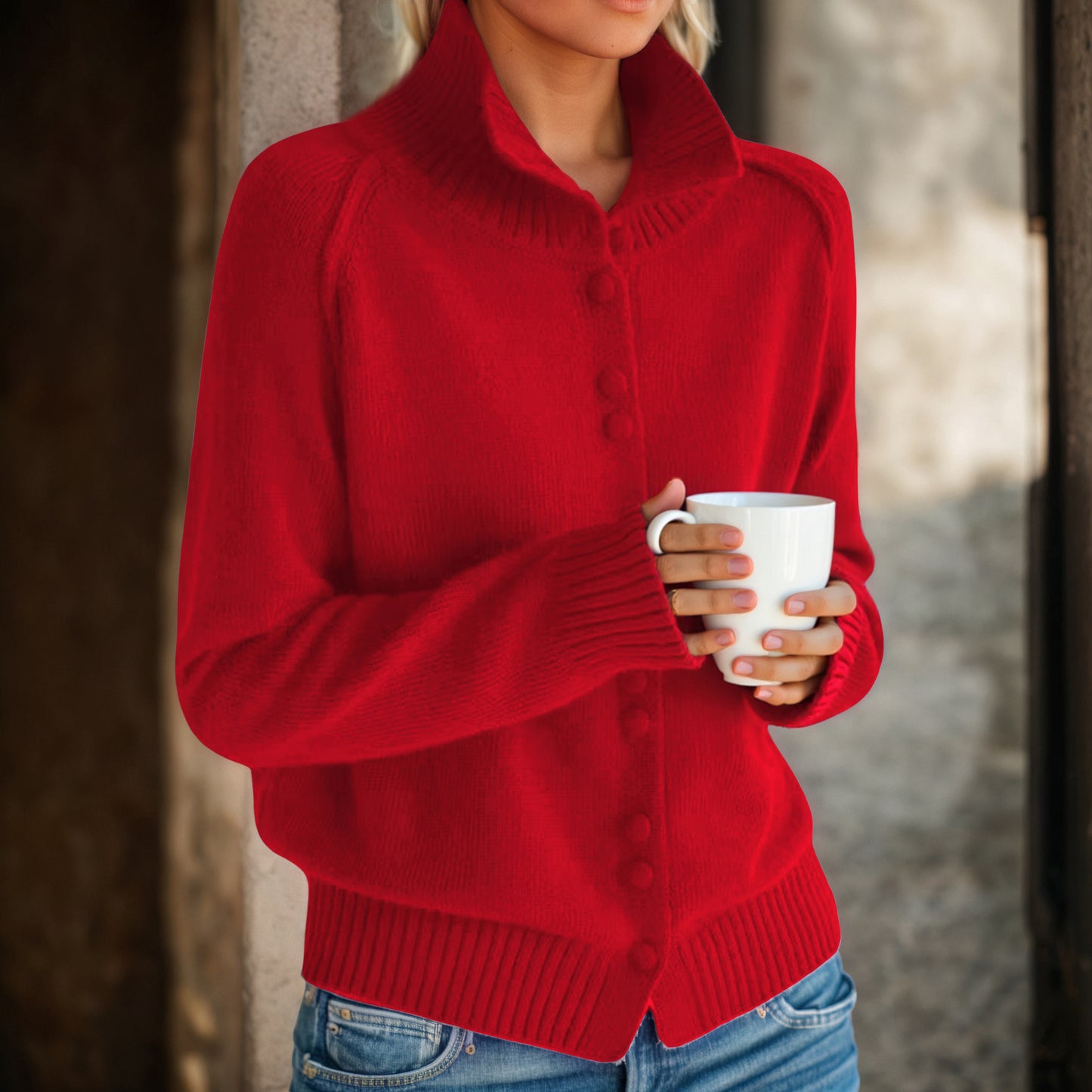 Damen Strickjacke mit hohem Kragen und eleganten Knopfdetails Fudus