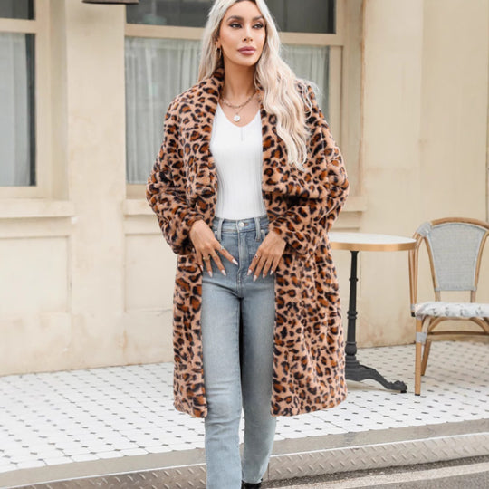 Damen Langärmeliger Leopardenmuster Plüschmantel Fudus