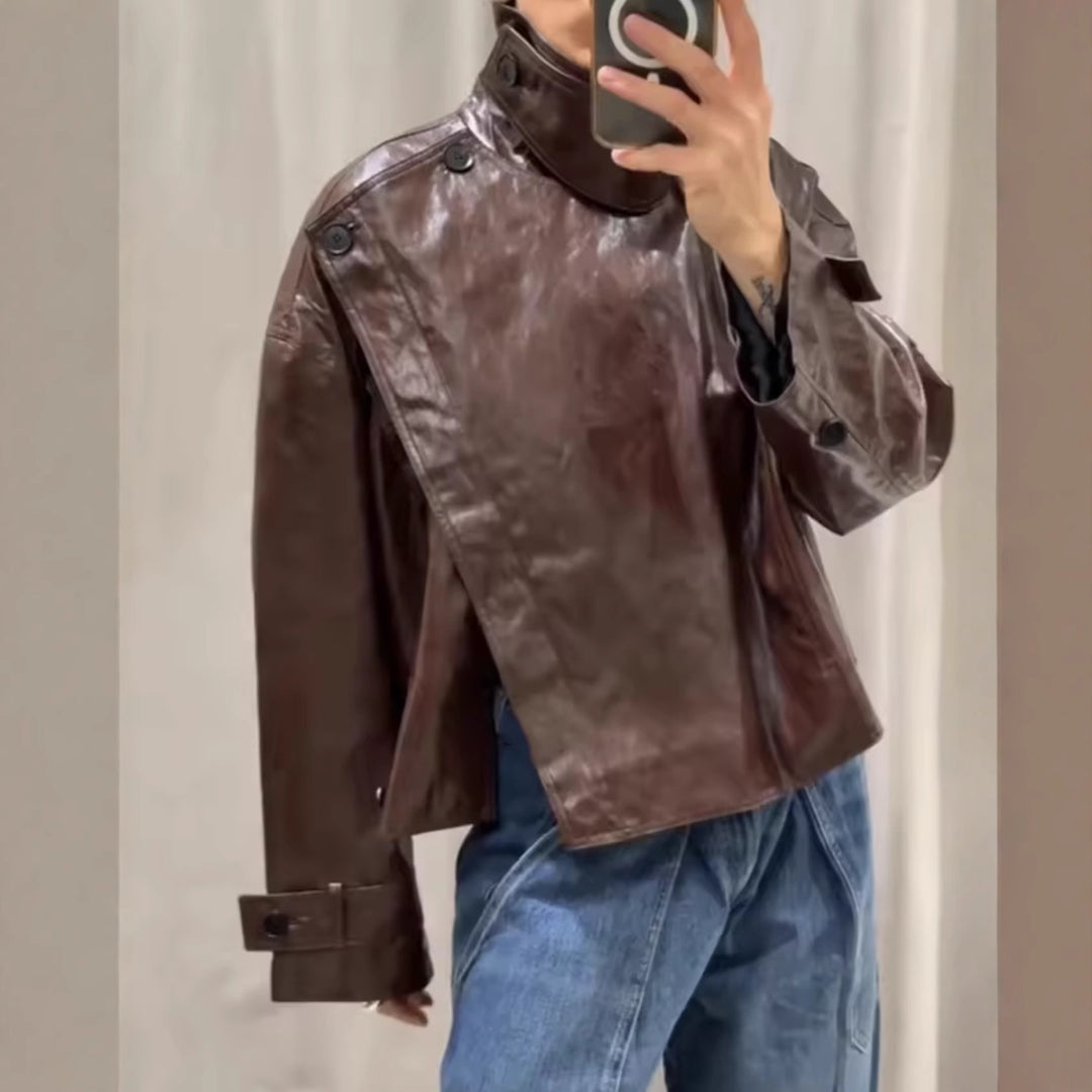 Damen Kunstlederjacke mit asymmetrischem Schnitt und dekorativen Knöpfen Fudus